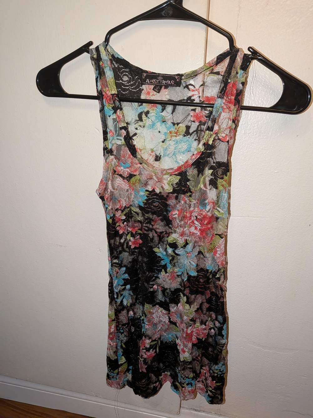 Almost Famous Black Floral Mesh Tank with Blue Pink and Green Accents